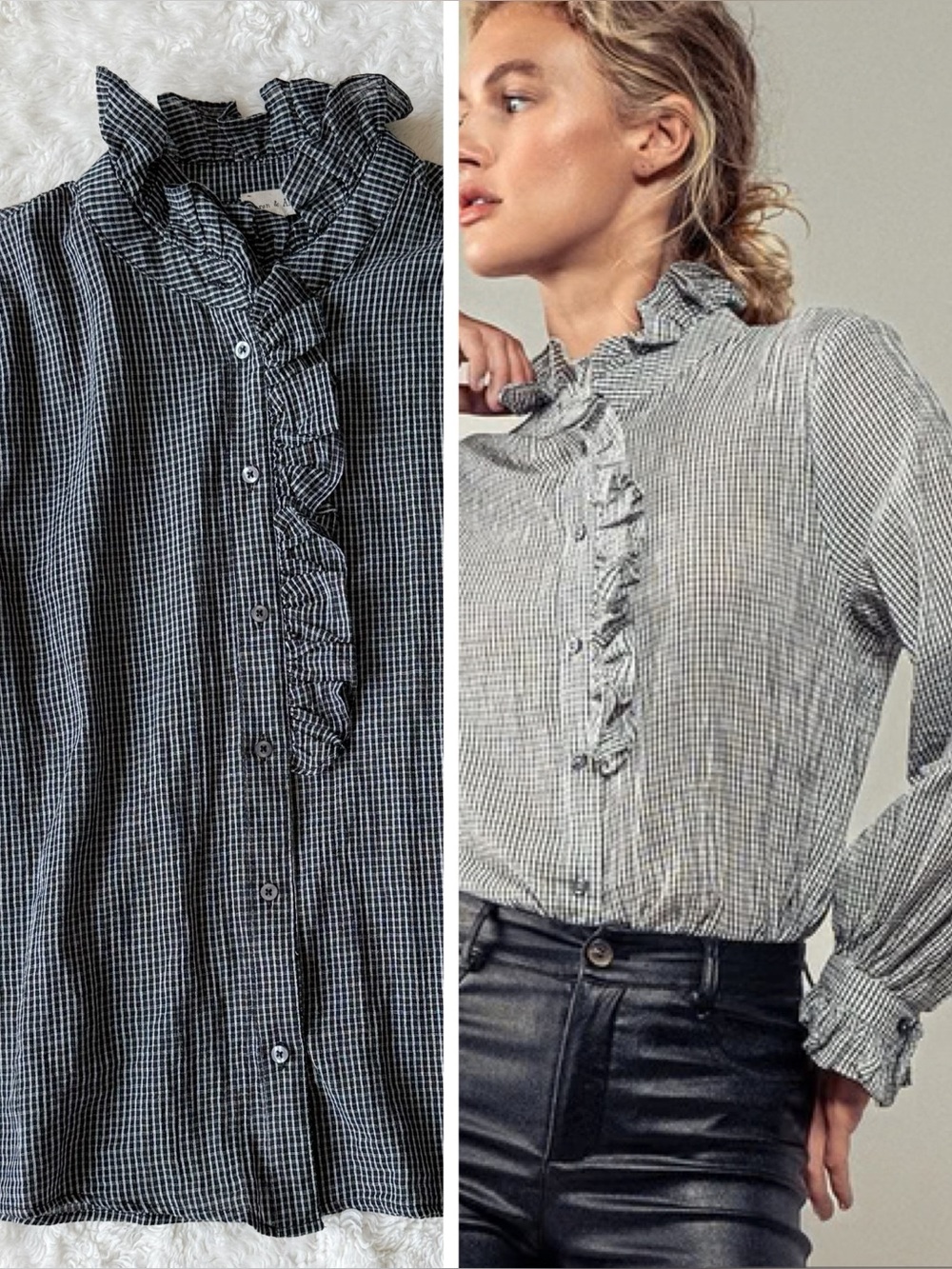 Aaron & Amber Black Light Cotton Gingham Victorian Ruffle Button Down Top LARGE